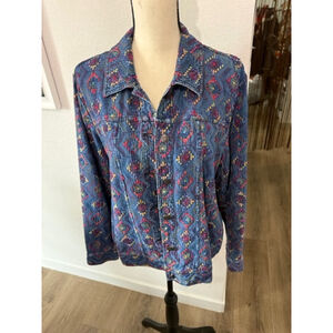 Coldwater Creek Denim Jacket XL Embroidered Boho Geometric 
Pattern Blue Size XL
